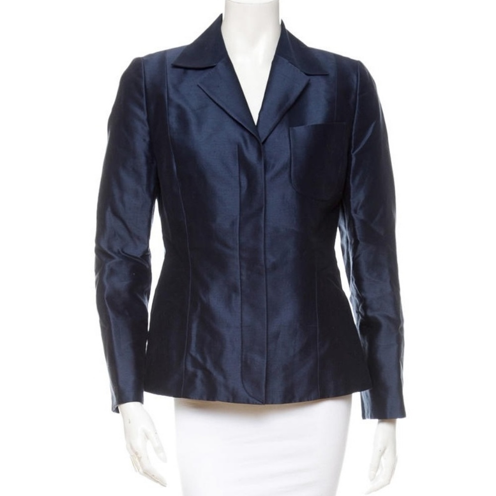 Carolina Herrera Navy Silk Boxy Blazer